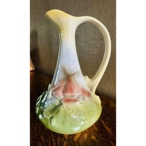 Vintage Hand Painted Dutch Windmill Bisque Pitcher Yellow Sailboat Jug Pottery